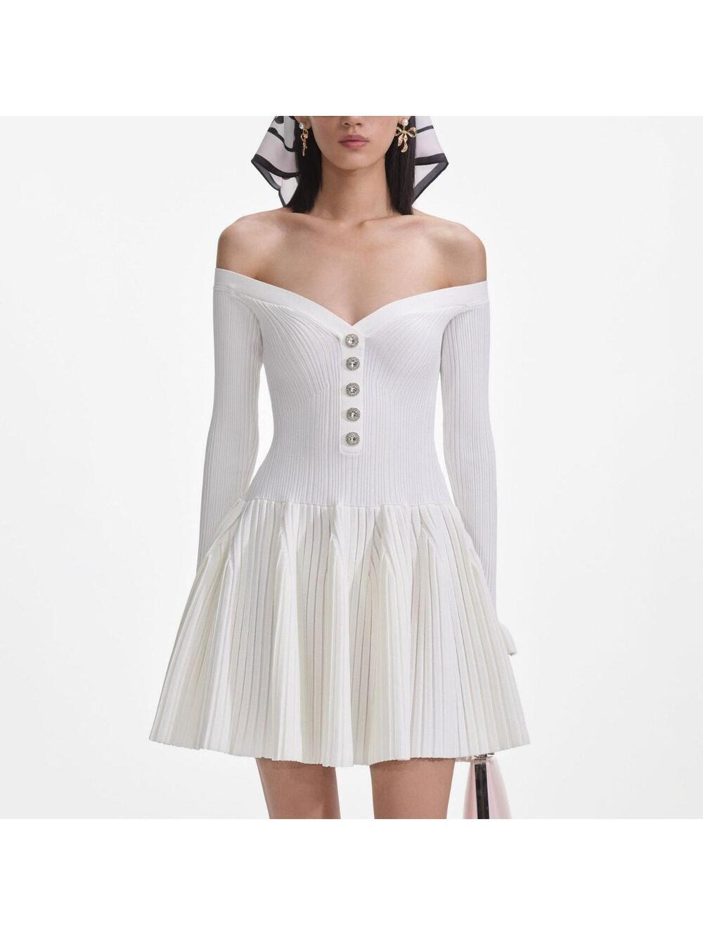 Self-portrait Off-The-Shoulder Pleated Ribbed-Knit Mini Dress